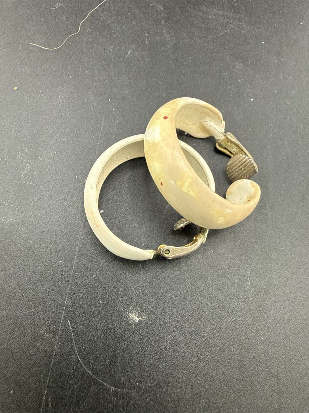 White Enameled Hoop Signed L.H. Segal 1960's Gold Tone Clip-On Vintage Earrings